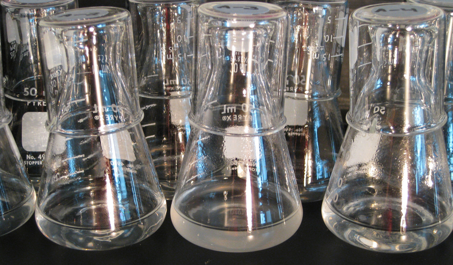 Close-up of several flasks